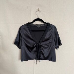Camellia Black Satin Lace Trim Tie Front Cropped Top Womens Large